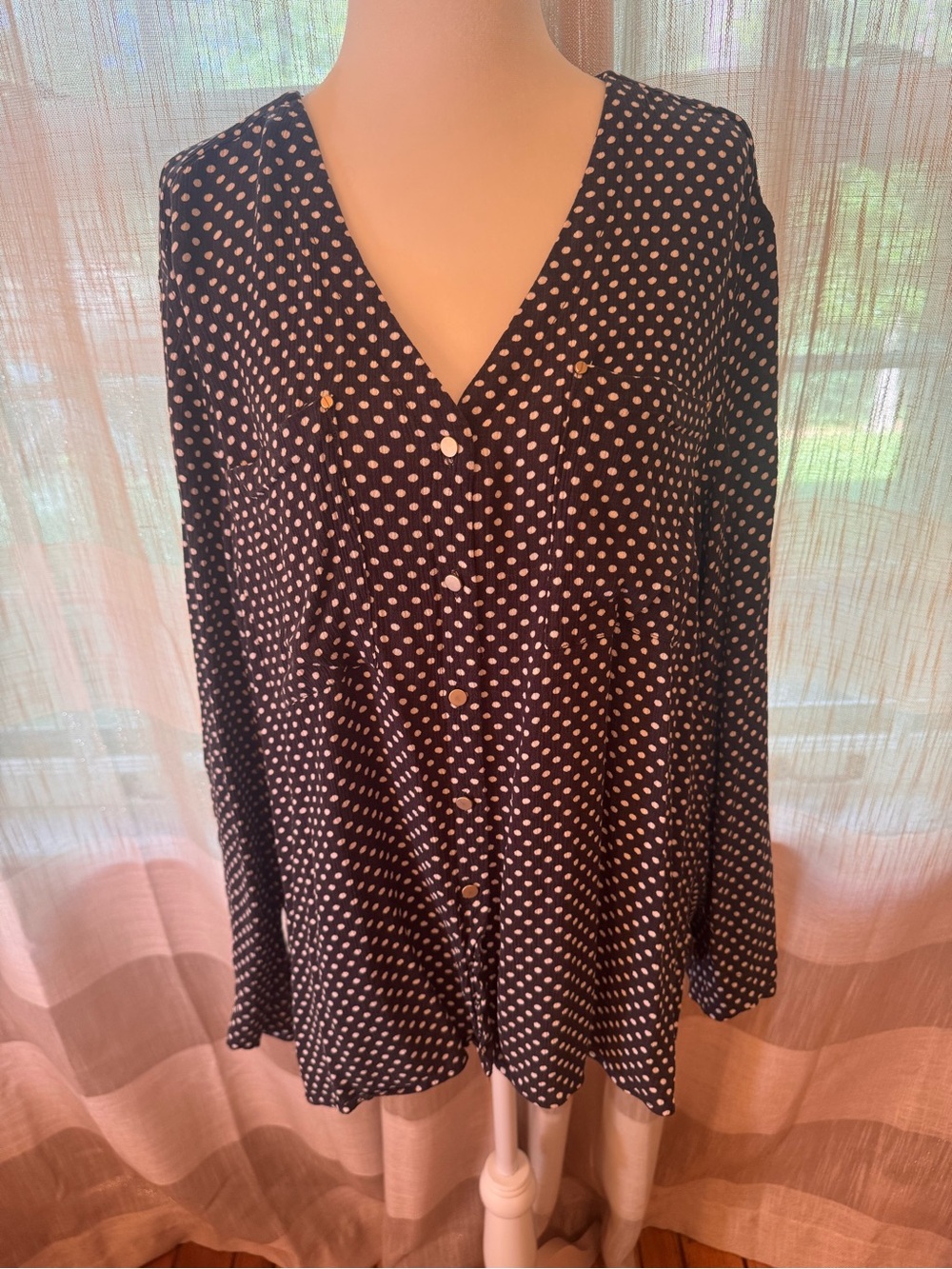 Jones New York Black Blouse with White Polka Dots